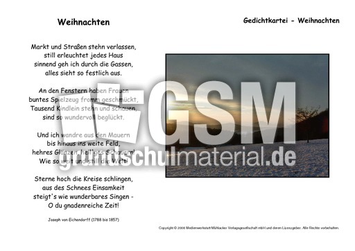 Weihnachten Eichendorff Kartei Weihnachtsgedichte Werkstatt Weihnachtsgedichte Gedichte Kartei Werkstatt Deutsch Klasse 3 Grundschulmaterial De