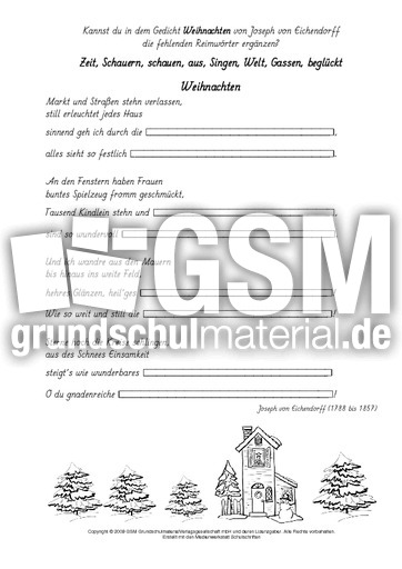 Reimworter Weihnachten Eichendorff Reimworter Weihnachtsgedichte Werkstatt Weihnachtsgedichte Gedichte Kartei Werkstatt Deutsch Klasse 3 Grundschulmaterial De