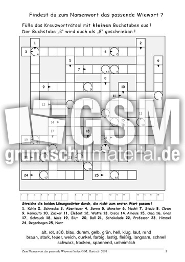 kreuzwortratsel adjektive nomen zuordnen 1 ubungen adjektive grammatik deutsch klasse 3 grundschulmaterial de