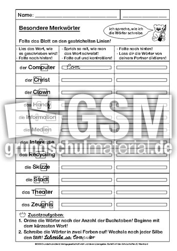 Besondere Merkworter Kl 3 La Merkwortertraining Rechtschreibung Deutsch Klasse 3 Grundschulmaterial De