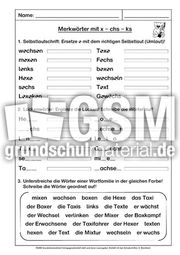 Merkworter Mit X Chs Ks Kl 3 Merkwortertraining Rechtschreibung Deutsch Klasse 3 Grundschulmaterial De