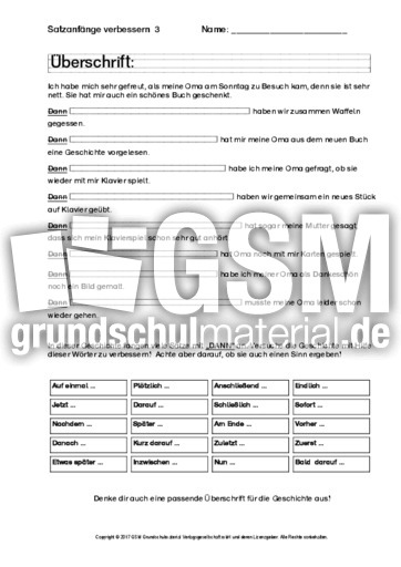 Ab Satzanfange Verbessern 3 Ab Satzanfang Verbessern Texte Bearbeiten Schreibanlasse Deutsch Klasse 3 Grundschulmaterial De