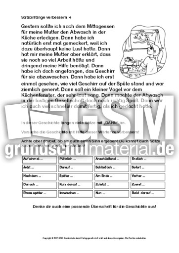 Ab Satzanfange Verbessern 4 Ab Satzanfang Verbessern Texte Bearbeiten Schreibanlasse Deutsch Klasse 3 Grundschulmaterial De