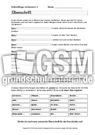 Ab Satzanfange Verbessern 6 Ab Satzanfang Verbessern Texte Bearbeiten Schreibanlasse Deutsch Klasse 3 Grundschulmaterial De