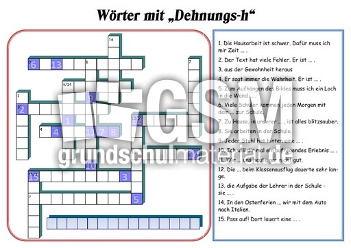 dehnungs h - Kreuzwortrtsel - Rechtschreibung - Deutsch Klasse 4 -  Grundschulmaterial.de