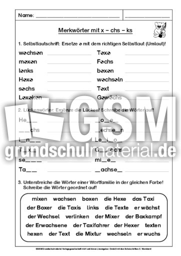 Merkworter Mit X Chs Ks Kl 4 Merkwortertraining Rechtschreibung Deutsch Klasse 4 Grundschulmaterial De