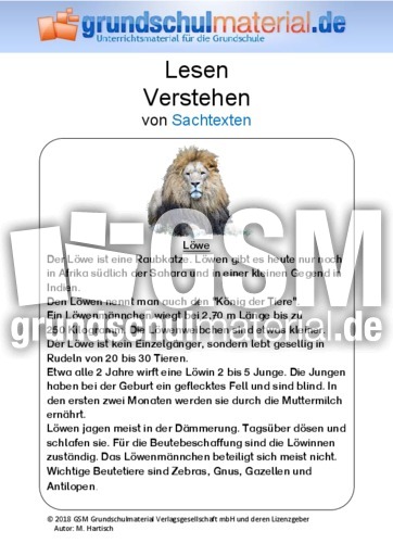 Lowe 55 Sachtexte Tiere Sachtexte Tiere Sachthemen Hus Klasse 3 Grundschulmaterial De