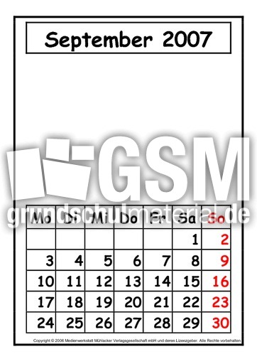 Kalenderblatt September 2007 blanko Kalenderbl tter Kalenderblatt September 2007 blanko Kalenderbl tter