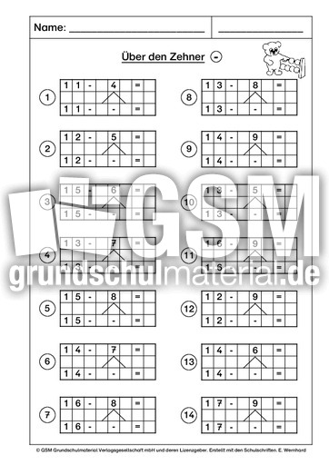 Uber Den Zehner Minus 2 Ab Mit Zehnerubergang Subtraktion Im Zahlenraum Bis 20 Arbeitsblatter Mathe Klasse 1 Grundschulmaterial De