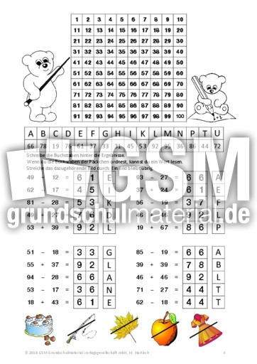 Ze Ze Mit U Ubungsaufgaben Mit 100er Tafel Plus Und Minus Im