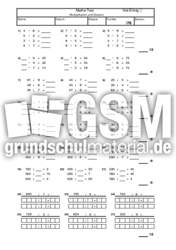 Kleines Und Grosses Einmaleins Test Einmaleins Tests Lernstandserhebung Tests Arbeitsblatter Mathe Klasse 3 Grundschulmaterial De