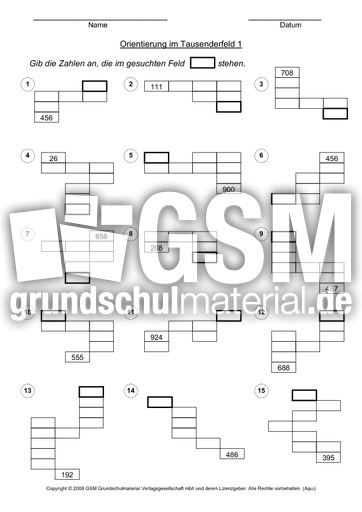 AB Ausschnitt aus dem Tausenderfeld 1 - Arbeitsblätter - Erweiterung des Zahlenraums - Mathe ...