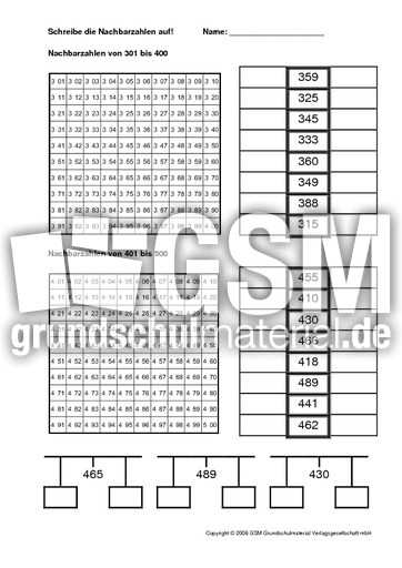 Nachbarzahlen 3 Arbeitsblatter Erweiterung Des Zahlenraums Mathe Klasse 3 Grundschulmaterial De