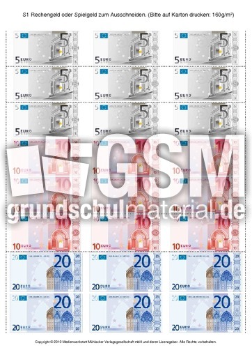 S1 Rechengeld Oder Spielgeld Zum Ausschneiden Geldbetrage Zerlegen Geld Rechnen Mit Grossen Mathe Klasse 3 Grundschulmaterial De