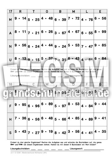 Grosse 1x1 Grosses Einmaleins Ergebnisdrillinge Multiplikation Mathe Klasse 4 Grundschulmaterial De