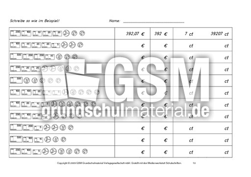 AB-Euro-Cent 10 - Euro-Cent - Rechnen mit Größen - Mathe ...