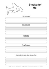 Hai Arbeitsblatt In Der Grundschule Tiersteckbrief Vorlagen Sw Steckbriefe Tiere Sachthemen Hus Klasse 3 Grundschulmaterial De